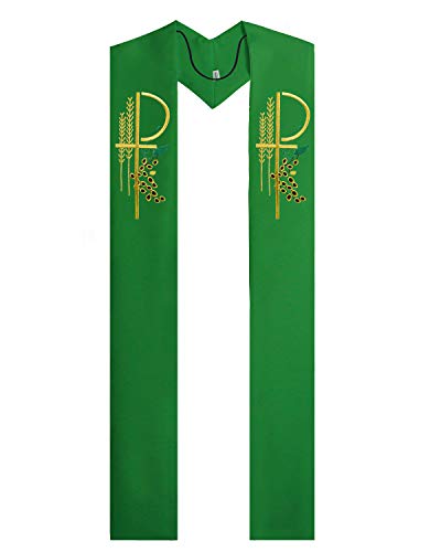 IvyRobes Overlay Clergy Stole With Chi Rho Embroidered 90" Long-4 Colors Available - color: Kelly Green