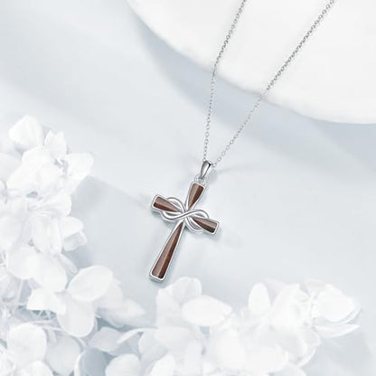 Infinity Cross Necklace S925 Sterling Silver Turquoise/Wooden/Opal/Abalone Cross Pendant Necklaces Christian Jewelry Gifts For Women - style: Wooden