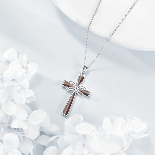 Infinity Cross Necklace S925 Sterling Silver Turquoise/Wooden/Opal/Abalone Cross Pendant Necklaces Christian Jewelry Gifts For Women - style: Wooden