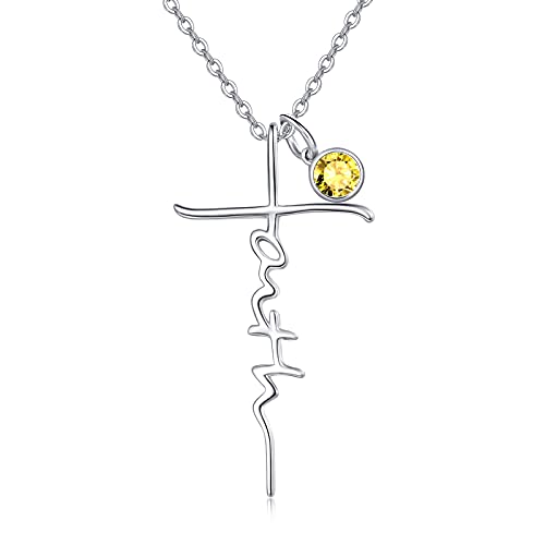 PRAYMOS Faith Cross Necklace for Women 925 Sterling Silver Pendant Necklace With Birthstone Initial Christian Religious Confirmation Baptism Mothers Day Gifts - color: 2-Silver November(Citrine)