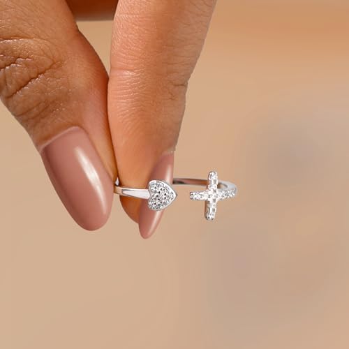 Adjustable Cross Rings for Women - 925 Sterling Silver Christian Rings for Daughter, Dainty Heart Rings, Non-Tarnish Faith Rings for Women & Daughter - Meaningful Easter, Christmas, or Birthday Gift