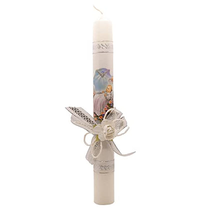 12" Baptism Paschal Candle Keepsake | Great Catholic Gift for Baptism or New Baby | Blue, Pink, or White Rose with Silver-Tone Accent Ribbons | Religious Easter Tradition (White) - color: White
