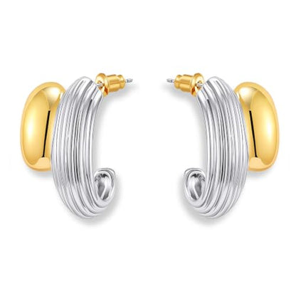 Two Tone Gold Silver Hoop Earrings Mixed Metal Open C Hoop Earrings - color: Chunky Ribbed