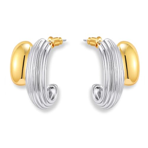 Two Tone Gold Silver Hoop Earrings Mixed Metal Open C Hoop Earrings - color: Chunky Ribbed