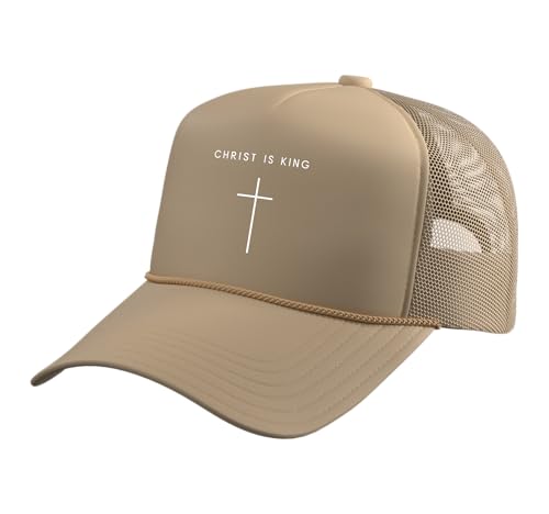 Christ is King Jesus Cross - Minimalist Christian Faith Trucker Hat with Adjustable Mesh Back - color: Khaki