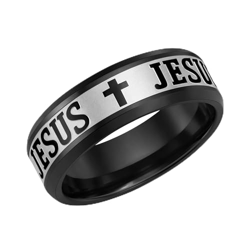 Uloveido Stainless Steel JESUS Cross Ring - Christian Faith Scripture Jewelry for Men - 8mm Comfort Fit Wedding Cross Band Durable Polished - color: Black