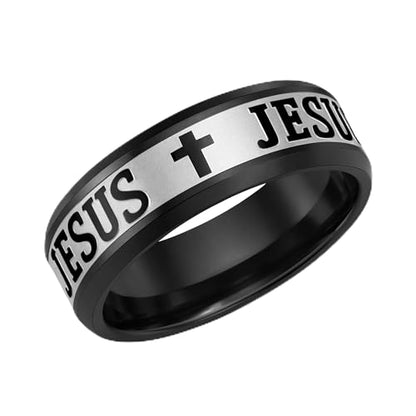 Uloveido Stainless Steel JESUS Cross Ring - Christian Faith Scripture Jewelry for Men - 8mm Comfort Fit Wedding Cross Band Durable Polished - color: Black
