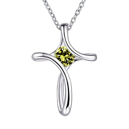 Cross Necklace for Women 925 Sterling Silver Birthstone Necklace for Women - color: 08-Aug-Peridot