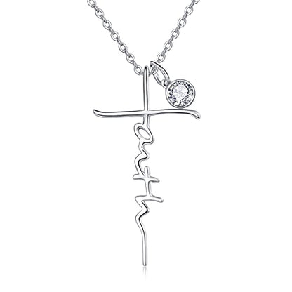 PRAYMOS Faith Cross Necklace for Women 925 Sterling Silver Pendant Necklace With Birthstone Initial Christian Religious Confirmation Baptism Mothers Day Gifts - color: 2-Silver April(Clear Cubic Zirconia)