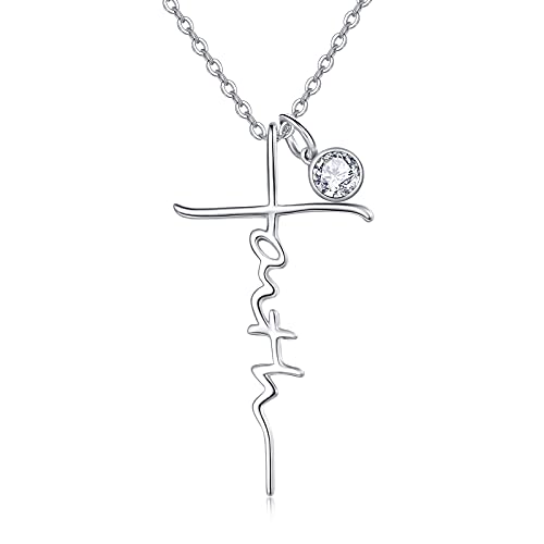 PRAYMOS Faith Cross Necklace for Women 925 Sterling Silver Pendant Necklace With Birthstone Initial Christian Religious Confirmation Baptism Mothers Day Gifts - color: 2-Silver April(Clear Cubic Zirconia)