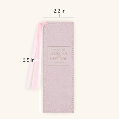 Christian Art Gifts Faux Leather Bookmark for Women: Bless You & Keep You - color: Pink Floral/Bless You