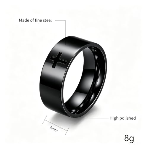 Men's Cross Ring Black/Silver Christian Wedding Band Stainless Steel - color: 8mm,black