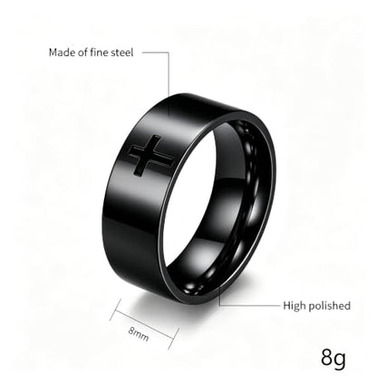Men's Cross Ring Black/Silver Christian Wedding Band Stainless Steel - color: 8mm,black