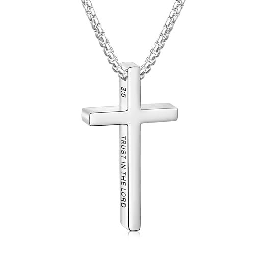 Avotto 316L Stainless Steel Bible Verse Cross Necklace Religious Jewelry Gifts for Men Boys, Silver Gold Black Mens Boys Necklace Non-Fading Sturdy Box Chain with Inspirational Cross Pendant 18+2Inch - color: Silver, style: 3:5