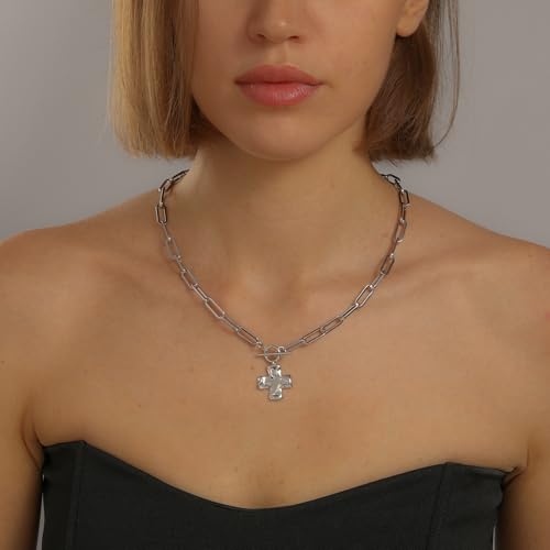 Chunky Cross Necklace for Women, 14K Gold Silver Pendant Necklace - color: White Gold-Toggle-0.8 inch pendant