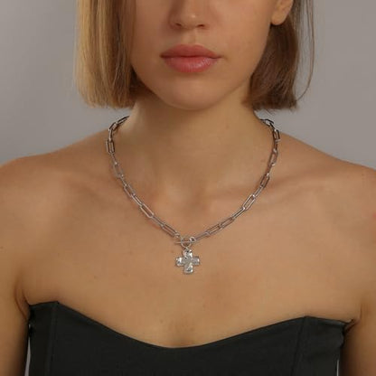 Chunky Cross Necklace for Women, 14K Gold Silver Pendant Necklace - color: White Gold-Toggle-0.8 inch pendant