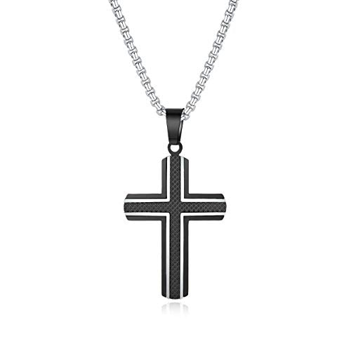 Men's Stainless Steel Cross Necklace,Two-Tone Black & Blue Carbon Fiber Pendant - Included Gift Box - style: Black & Silver XL004