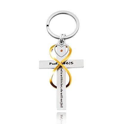 Uloveido Stainless Cross Infinity Keychain Mustard Seed Charms Psalm 46:5 Christian Bible Quote Keyring Baptism Gift - style: Heart Seed