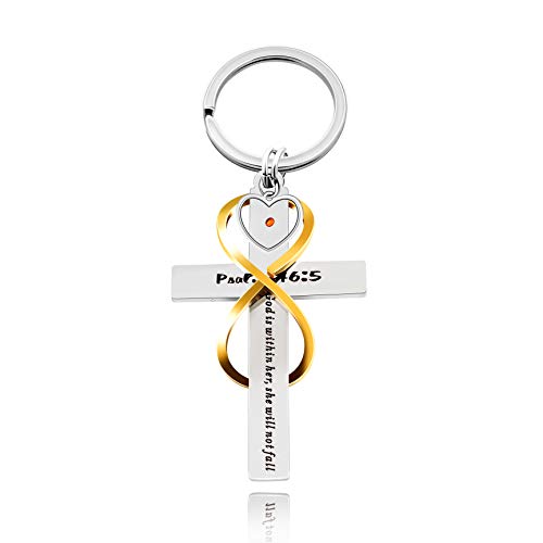 Uloveido Stainless Cross Infinity Keychain Mustard Seed Charms Psalm 46:5 Christian Bible Quote Keyring Baptism Gift - style: Heart Seed