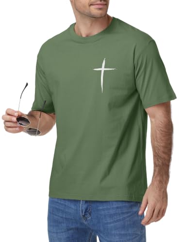 HOUZONIY Christian Tshirts for Men Cross Print Graphic Oversized Crewneck Jesus Faith Cotton Casual Short Sleeve Top Tee - color: Army Green, size: Large
