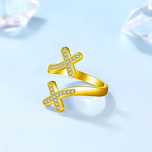 925 Sterling Silver Adjustable Cross Ring with Cubic Zirconia for Women Baptism Gifts - color: Yellow Gold