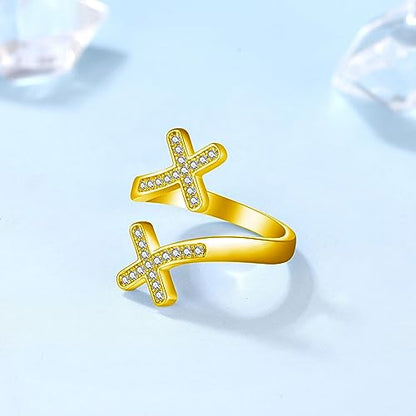 925 Sterling Silver Adjustable Cross Ring with Cubic Zirconia for Women Baptism Gifts - color: Yellow Gold