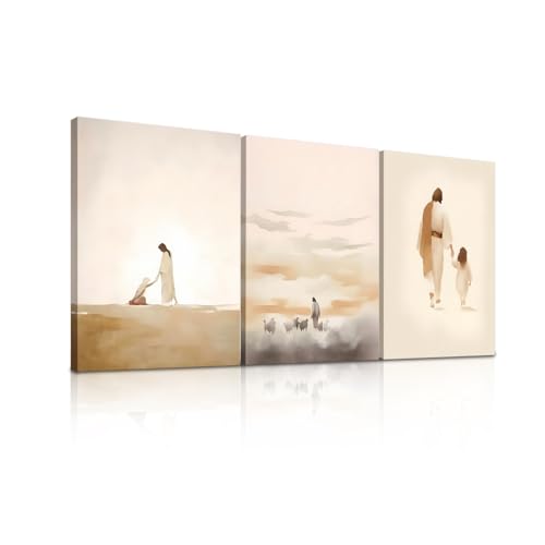 Set of 3 Framed Canvas Wall Art Jesus with Child and Lamb Watercolor Religious Artworks Christian style Wall Decor Paintings HD Print Posters for Bedroom, Living Room and Church 12x16inch - color: Jesus04, size: 16L" x 12W"