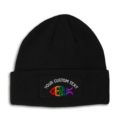 Speedy Pros Patch Beanie Jesus Fish Christian Christ God Skull Cap Hats for Men & Women Winter Acrylic One Size Black - color: Black Personalized Text Here