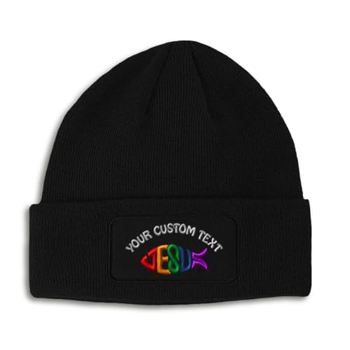 Speedy Pros Patch Beanie Jesus Fish Christian Christ God Skull Cap Hats for Men & Women Winter Acrylic One Size Black - color: Black Personalized Text Here