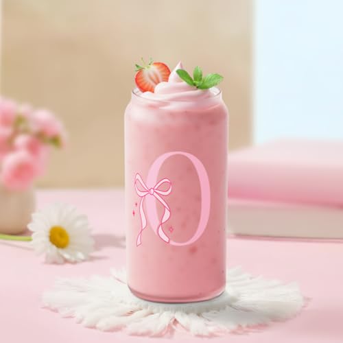 SANDJEST Monogrammed Glass Drinking Can Cup with Acrylic Lid and Straw, Personalized Frosted Iced Coffee Tumbler 16oz, Monogram Initial Gifts for Women Girls on Birthday (O) - color: O