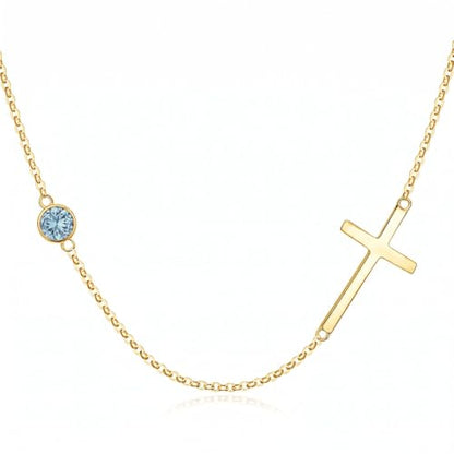 OJK 14K Gold Cross Necklace for Women Sideways Cross Birthstone Jewelry - color: 03-Aquamarine