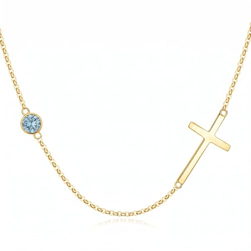 OJK 14K Gold Cross Necklace for Women Sideways Cross Birthstone Jewelry - color: 03-Aquamarine