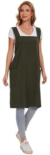 Linen Cotton Aprons for Women Smock Cross-Back Apron with Pockets - color: 07-brown, size: XX-Large
