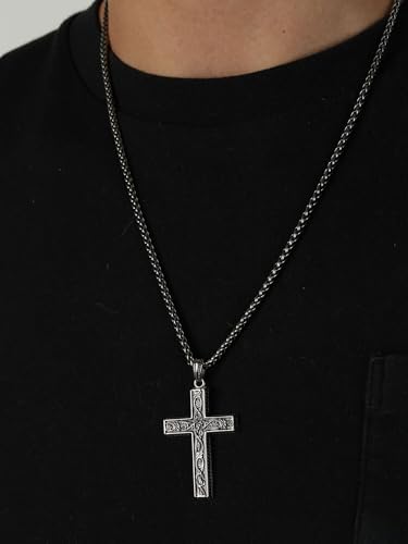 Metro Jewelry Antique Cross Pendant Necklace for Men in Stainless Steel 24 Inches Wheat Chain 3 mm Wide Lobster Claw