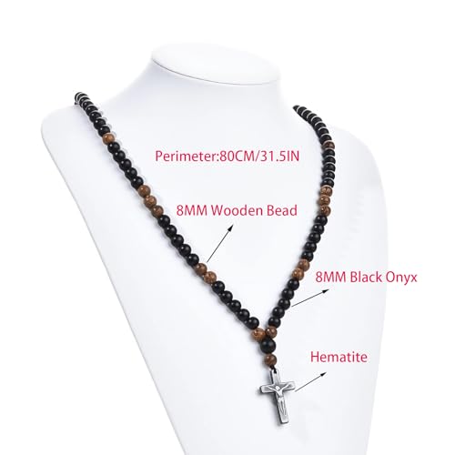 Black Onyx Glass Beads Men's Tiger Eye Stone Bead Necklace - color: Cross Pendant