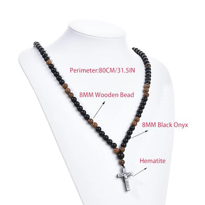 Black Onyx Glass Beads Men's Tiger Eye Stone Bead Necklace - color: Cross Pendant