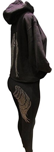 Black and Silver Rhinestone Angel Wings Long Sleeve Hooded Zipper Sweater Black - size: X-Large