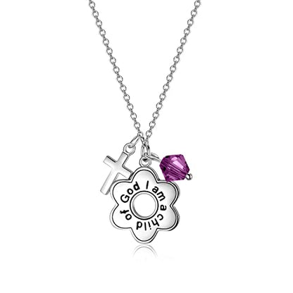 AOBOCO 925 Sterling Silver I Am a Child of God Daisy Necklace Jewelry Birthday Birthday Baptism Communion Gifts for Girls - color: Simulated Amethyst