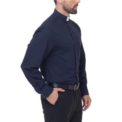 Men's Long Sleeve Clergy Shirt Tab Collar - color: Navy Blue, size: 3X-Large