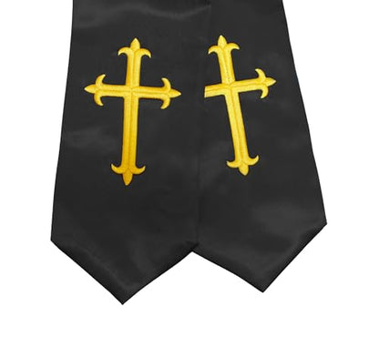 Unisex Clergy Stole with Embroidery Cross 72", Traditional Choir Stole - color: Black