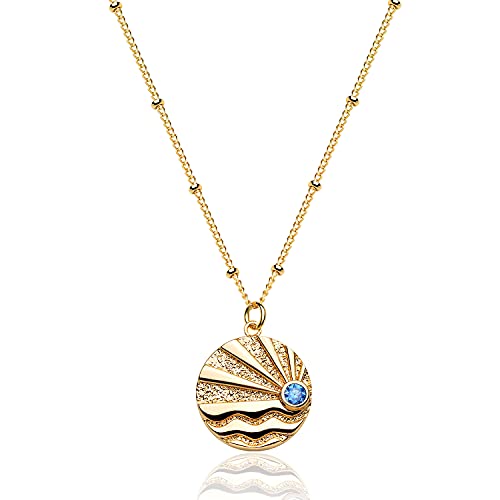 VACRONA Coin Necklace 18k Gold Plated Vintage Textured Medallion Coin Pendant Round Circle Disk Dainty Necklace for Women - color: Rays Coin