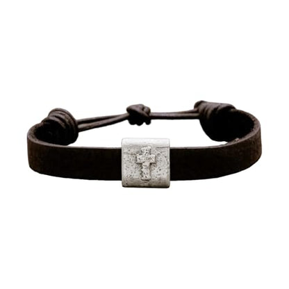 Equitable Brown/Black Leather Bracelet with Pewter Cross Bead Faith Jewelry - color: Black Leather