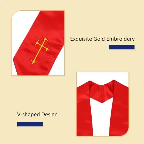 Clergy Stole, Choir Stole with Cross Embroidery 60'' - color: Red