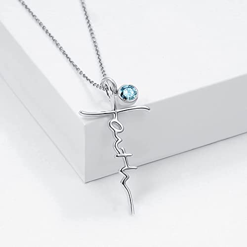 PRAYMOS Faith Cross Necklace for Women 925 Sterling Silver Pendant Necklace With Birthstone Initial Christian Religious Confirmation Baptism Mothers Day Gifts - color: 2-Silver March(Aquamarine)