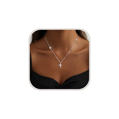 Cross Necklace for Women 14K Gold Silver Plated Small Cross Necklace Dainty Cross Pendant Choker Simple Trendy Cute Sideway Cross Charm Chain Necklaces for Women Trendy Christian Baptism Religious Faith Jewelry Gifts - size: Silver-153