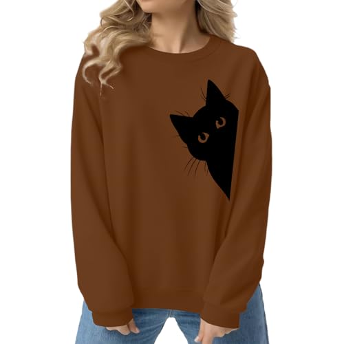 Cat Sweatshirts for Women Graphic Print Sweatshirt Funny Long Sleeve Shirt Cute Pullover Lightweight Hoodie Tops - color: Brown, size: Medium