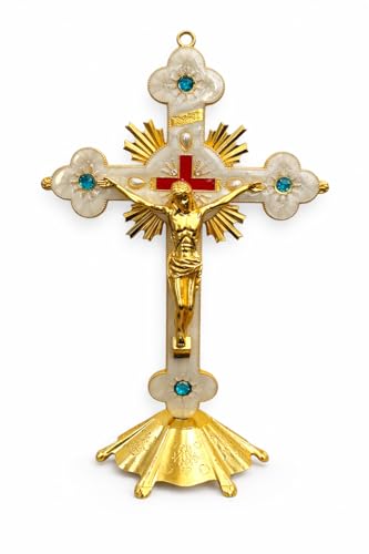 Aura Zen Store Crucifix 9 Inch Desk - Wall Cross with Stand Base - Gold & White Catholic with Jesus Figure, Blue Stone Accents, Religious Altar Decor, Christian Gift for Home, Church or Prayer Space