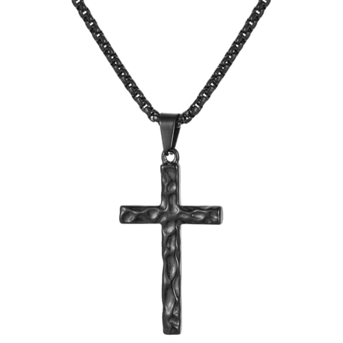 Hammered Stainless Steel Cross Necklace for Men Rustic Christian Faith Jewelry Gift Gold Black Silver Cross Chain for Teens Son Gift 16-24Inches - color: BLACK, size: 18INCH