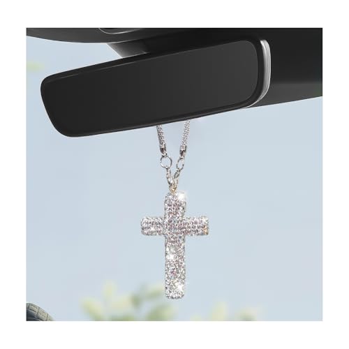 Cross Car Rearview Mirror Ornament, Shiny Rhinestone Cross Auto Rear View Mirror Pendant, Bling Religious Charms Interior Decor for Most Vehicles Rearview Mirrors (Silver) - color: Silver