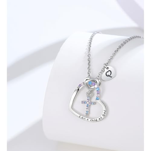 Cross Necklace for Girls | I am a child of God Necklace for Girls | Heart Letter initial | 18K White Gold Plated Pendant Jewelry First Communion Baptism Gifts Christmas Birthday Gifts for Girl Women - color: Q